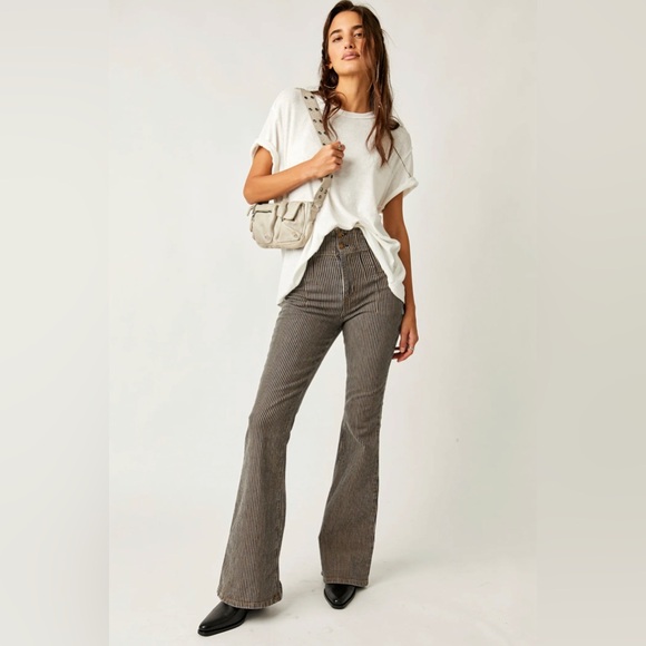 Free People Jayde Railroad Flare Jeans Train Car Stripe High Rise Size 25 New - Picture 1 of 10